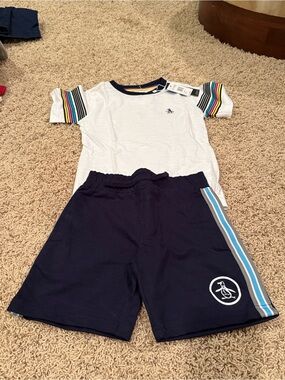 Original Penguin White Tee with Rainbow Sleeve Accents & Navy Shorts